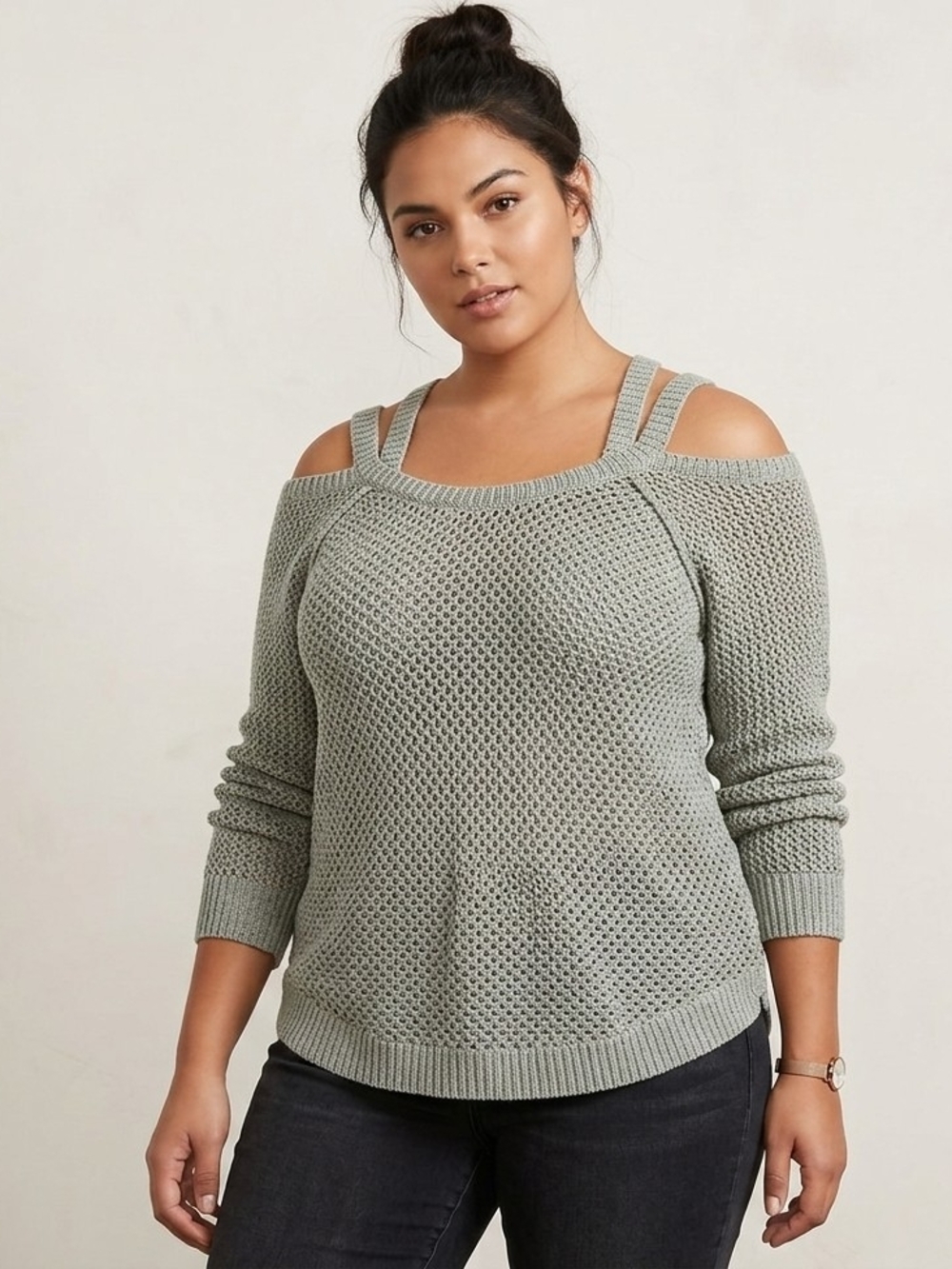 Maurices Sage Green Off-Shoulder Strap Knit Sweater